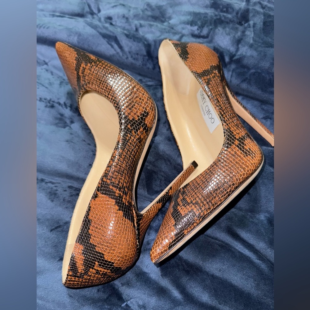 Jimmy Choo Tan and Black Snake Print Heels